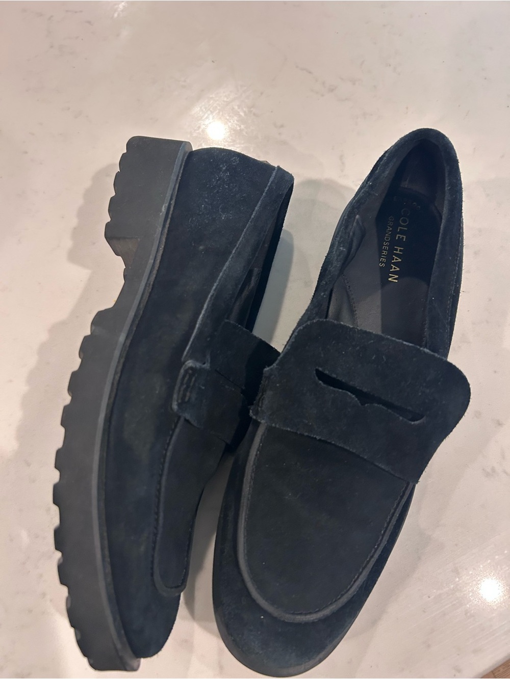 Cole Haan Black Suede Lug-Sole Women's Penny Loafers